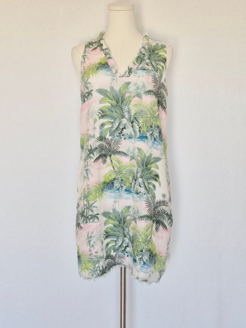 Tommy Bahama Linen Two Palms Ruffled Shift Dress Frayed Hem Pocket Multicolor